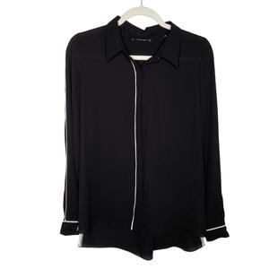 T Tahari Tyra Long Sleeve Contrast Piping Button Down Blouse Black Size Small